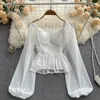 Women's Blouses Women Chic Lace Up Print Tank Top Slim Basic Sexy Fashion Slash Neck Lantern Long Sleeve Crop Autumn Blouse