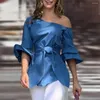 Blouzen voor dames casual vaste kleur blouse elegante skew kraag veter taille zomer met wijd uitlopende halve mouwpullover