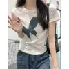 Snow Cotton Thin Short Sleeved T-shirt for Womens Versatile Summer Butterfly Print Front Shoulder Slimming 2024