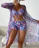 Traje de baño para mujer Conjunto de mujeres 2024 Verano Últimas vacaciones sexy Playa 3 unids Allover Imprimir Bikini con cordón con cubierta de tres piezas