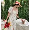 パーティードレス女性半袖白い花の刺繍バックレスフィットとフレアスプリットミディドレスカジュアルデイリーブルー印刷2024