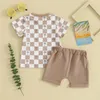 Kläduppsättningar Småbarn Infant Baby Boys Summer Outfits Kort ärm Plaid Tree Print T-shirt med elastiska midjeshorts 2st kläder Set