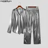 Set da uomo stile moda casual INCERUN Camicie a maniche lunghe solide Pantaloni lunghi Handsom Vestito flash maschile ben aderente 2 pezzi S-5XL 240311