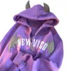 American Retro Little Devil Horn Halloween Hoodie Y2k Womens Embroidery Zipper Hooded Shirt Harajuku Casual Loose Hoodies Coat 240312