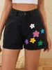 Shorts pour femmes 2024 Mode d'été Noir Motif de fleurs Denim Taille haute Sexy Jeans XS-L