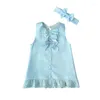 Flickaklänningar födda Baby Girls Ribbon Bow A-Line Dress Crew Neck Sleeveless Ruffle Lace Hem Princess Pannband