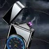 Lighters New Metal Clock Dual Arc Lighter LED Display USB Rechargeable Portable Flameless Lighter Outdoor Camping Flashlight Mens Gifts 240325