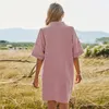 Partykleider V-Ausschnitt Kurzarm Frauen Casual Lose Taille Große Größe Mini Sommerkleid 2024 Vintage Taschen Rosa Home Damen Robe