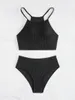 Women's Swimwear High Waist Bikini Ribbed Swimsuit 2024 Solid Black Push Up Padded Women Beach Bathing Suit Biquini XXL