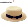 Шляпы с широкими полями Панамы 2022 Простая летняя пляжная шляпа для родителей и детей Женская повседневная панама Женская брендовая женская плоская соломенная шляпа с коричневым бантом для девочек Шляпа от солнца J240325