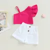 Ensembles de vêtements pour petites filles, 2 pièces, tenues d'été, manches à volants, bretelles asymétriques, hauts et shorts, ensemble de vêtements pour enfants