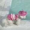 Cão vestuário verão rosa leopardo impressão maiô gato transformação roupa com touca de natação uma peça sling bikini roupas filhote de cachorro colete