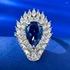 Bagues de cluster européenne et américaine 925 argent 8/12 goutte d'eau forme de poire bleu royal personnalisé mode luxe bague incrustée pour les femmes