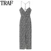 TRAF FLORAL HOLTER MIDI 드레스 여자 검은 인쇄 슬립 롱 드레스 슬릿 슬릿 여름 해변 빈티지 백리스 240320