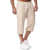 Verão Homem Casual Curto 3XL Linho Cott Cintura Alta Bermuda Shorts Sólidos Cordão Sweatpants Calças Azuis com Bolsos Calças W9tv #