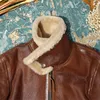 b-3 Aviator Brown Shearling Jacket for Men Slim Short Fit Cafe Racer Biker Military Style Winter Warm Thick Coat 61EW#