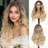 Getshow Ombre Blonde Wigs for Women Long Curly Layered Lace Wig Dark Roots Hair Side Part