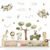 Autocollants Boho dessin animé éléphant girafe Safari animaux avion arbre aquarelle vinyle autocollant mural enfants pépinière bébé chambre décor à la maison