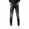 Men's Jeans High Street 2022 Fashion Casual Tear Jeans Mens Patch Youth Jeans Painting Splash Ink Black Pencil Pants Tight Jeans MensL2403