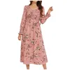 Vestidos casuais moda feminina sexy em torno do pescoço plissado manga longa alta wasit tie feminino elegante floral impressão maxi vestidos 2024