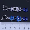 Boucles d'Oreilles Pendantes Magnifique Fleur Goutte d'Eau Bleu Oxyde de Zirconium Plaqué Argent V0812