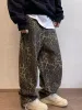 Tan Leopard jeans män denim byxor manliga överdimensionerade breda benbyxor streetwear hip hop vintage kläder förlorar avslappnad 46JV#