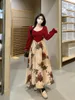 Casual Dresses Elegant Flower Printed Long For Women2024 Female Large Size Autumn Winter Loose Square Collar Sleeve Christmas Robe