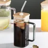 Square glass cup with handle, household high aesthetic value straw water cup, heat-resistant flat bottom, heatable cup, straight tube cup