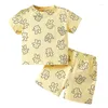 Комплекты одежды для маленьких девочек и мальчиков, летние милые шорты, топы с круглым вырезом и короткими рукавами с принтом медведя