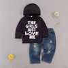 Ensembles de vêtements 2 pièces tenues décontractées pour tout-petits tenues décontractées pour bébé lettre imprimée sweat-shirt à capuche à manches longues jean déchiré avec poches