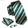 Neck Ties Neck Ties Luxury Designer Tie for Mens Green Gold Striped Silk Necktie Pocket Square Cufflinks Set Wedding Gift Corbatas BarryWang 6316 Y240325