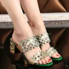 Trend Summer Elegant Fashion Women Casual Thick with Sandals Peep-toe Beach Shoes Rhinestone Chunky Mid Heels Blue Slippers 240312