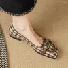 Casual Shoes Women's Houndstooth Fabric Bordered Square Toe Slip-on Flats Daily Metal Buckle Decoration Female Retro Soft