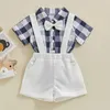 Kläduppsättningar barnbarn Baby Boy Summer Gentleman Outfits Kort ärmknapp Bowtie Plaid Romper Suspender Shorts