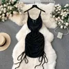 Casual Jurken Foamlina Spaghetti Band Elegante Feestjurk Dames Sexy Metalic Uitgehold Mesh Patchwork Mouwloos Ruches Lace-up Korte