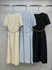 2024 Spring Black/Blue/Yellow Short Sleeves V Neck Belt Women Dress Designer High End Womens Runway Dress Vestidos De Festa 3259
