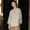 Women's T Shirts Johnature Women Vintage Linen Stand T-Shirts Long Sleeve Patchwork Pockets Solid Color Tees 2024 Spring Loose Button