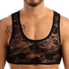 Mens Sissy Voir à travers Sheer Lingerie Nightwear Sexy Vest Top Stretchy Floral Lace Short Vest Crop Tops Vêtements de nuit Saint-Valentin k34D #