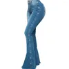 Damen-Jeans, schick, Flare-Control-Bauch, bodenlang, schmal, Nietendekor, weites Bein, Denim-Hose