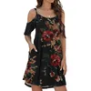 Casual Dresses Women Summer Sexy Spaghetti Strap Dress Flower Print Off the Shoulder Ruffle Kort ärmar klänning med fickor Vestidos