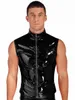 mens Glossy Patent Leather Crop Tops Undershirt Stand Collar Vest Top Zipper Sleevel Jacket T-Shirt Gothic Punk Clubwear R5yk#