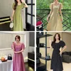 Partykleider Elegante Frauen 2024 Sommer Französischer Stil Quadratischer Hals Kurzarm Taille Wellenpunkt Süßes Schwarz Grün Gelb Lila 2922