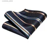 Cravatte Cravatte Hi-Tie Uomo Moda a righe Blu navy Cravatta Fazzoletto Gemelli per smoking Accessorio ic Seta Cravatta di lusso per uomo Regalo Y240325