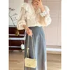 Vintage Französisch Frauen Shirts Spitze Lolita Elegante Langarm Volant Bluse Hohe Qualität Büro Dame Mode Chic Weibliche Tops 240318