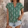 Blusas femininas camisa de verão com decote em v gola batwing manga curta pulôver topos estilo étnico impresso solto ajuste blusa