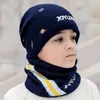 Crianças inverno ao ar livre chapéu conjunto com pescoço mais quente cachecol grosso velo forrado crânios gorros lã macia malha bonnet criança menino 240309