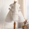 Flower Girls Dresses Ins Stereo Lace Applique White Princess Dress for Kids Bow Short Sleeve Tulle Widding Klädbollklänning A6896