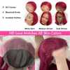 SOSATISSY مباشرة 99J BURY FRONT 13X4 GLUELL HD RED RED WIG Human Lace Pront 180 ٪ الكثافة الباروكات الملونة للنساء مسبقًا مع شعر الطفل (22 بوصة)