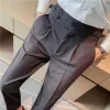 Novo 30 cores Mens Dr Terno Calças Britânico Cintura Alta Homens Retos Calças Sociais Cinto Formal Pant Masculino Sólido Stripe Grid 02Ts #