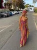 STYLISH LADY Rainbow Striped Printed Dress 2024 Summer Women Spaghetti Strap V Neck Backless Split Beach Long Maxi Dresses